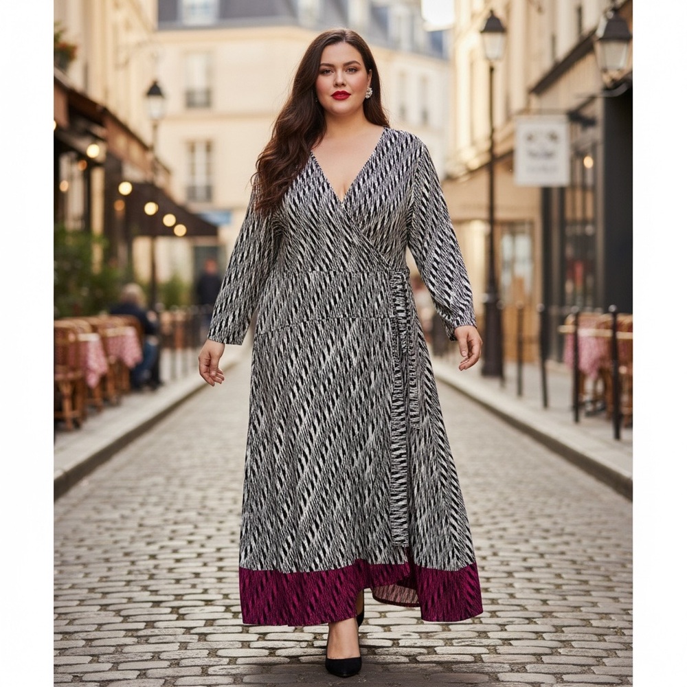 Penningtons Faux Wrap Midi Dress | Black & White Abstract Print | Size 1X